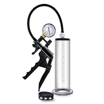 Blush Novelties Performance VX8 penis pump, clear cylinder with grey grip and gauge.