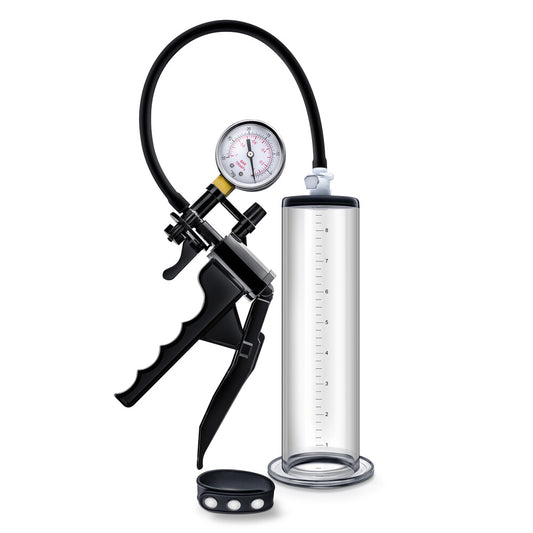 Blush Novelties Performance VX8 penis pump, clear cylinder with grey grip and gauge.