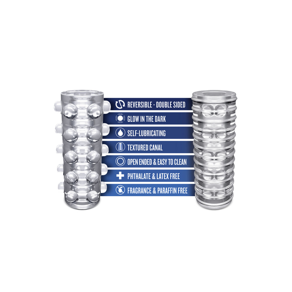 Clear rize swich self-lubricating masturbator from blush novelties, a smooth, flexible pleasure toy.