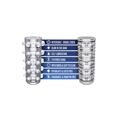 Clear rize swich self-lubricating masturbator from blush novelties, a smooth, flexible pleasure toy.