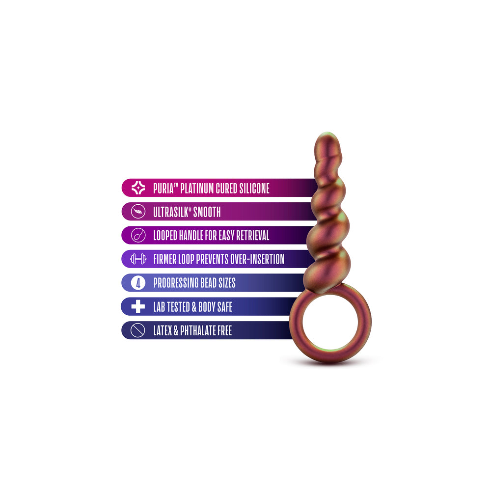 Two black silicone butt plugs joined together with a looped matrix design for anal play.