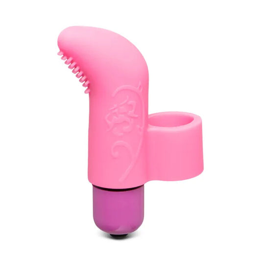 A small, pink finger vibrator from various toy brands, shaped for targeted pleasure.