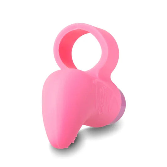 Close-up of a pink, petite finger vibrator, likely made from smooth silicone for pleasure.