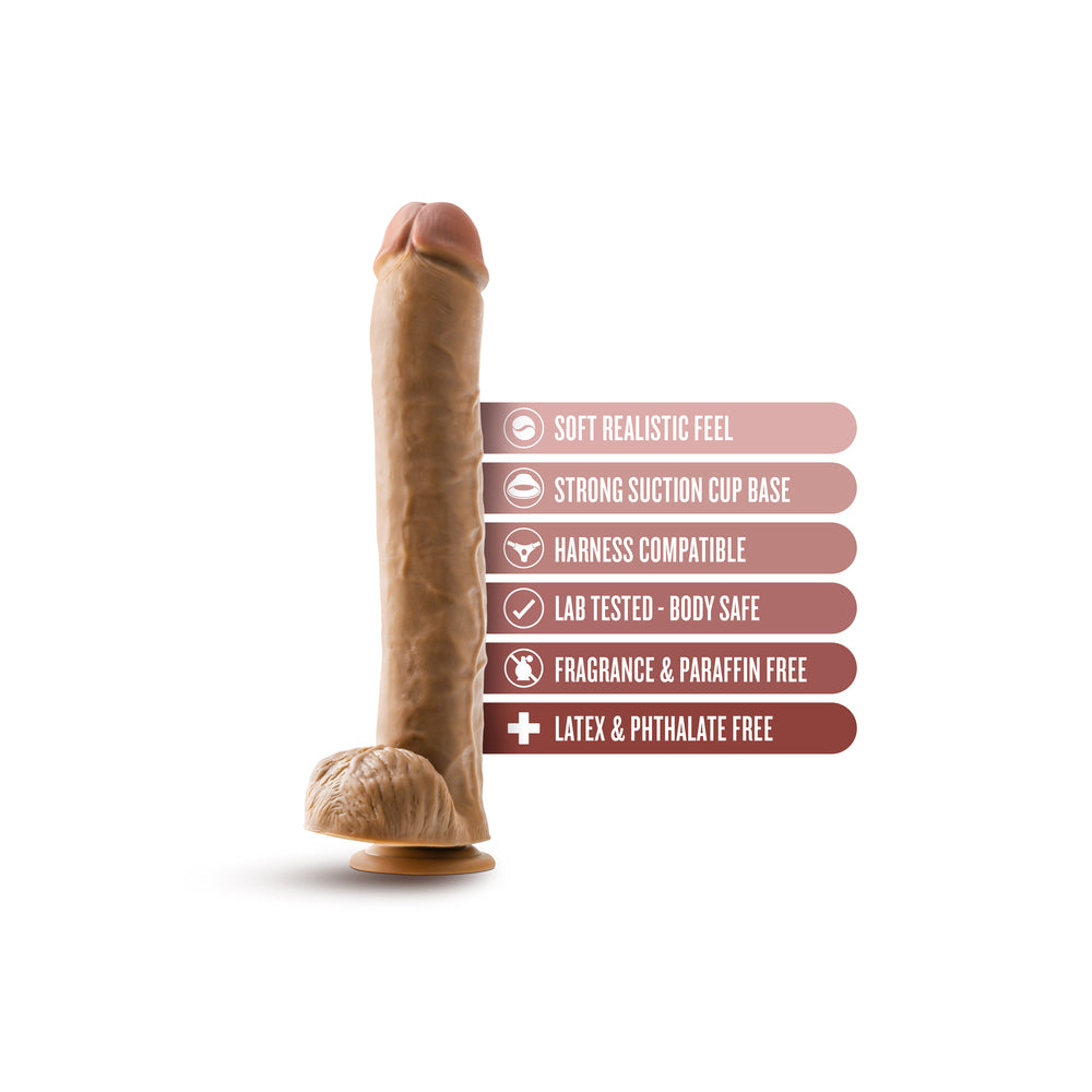 Realistic 14-inch dildo with textured balls, made by Blush Novelties, for adult use.
