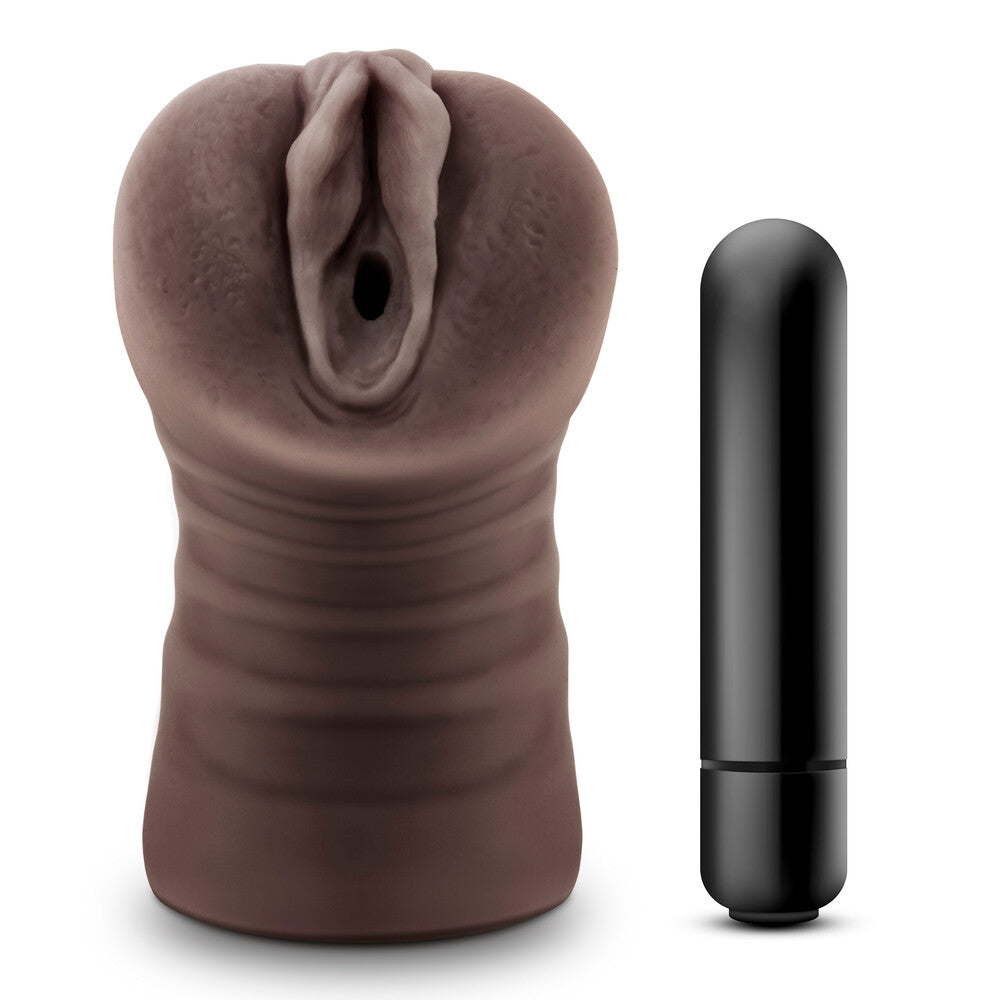 Blush Novelties hot chocolate-brown vibrating vagina masturbator, textured for enhanced pleasure, made of soft material.