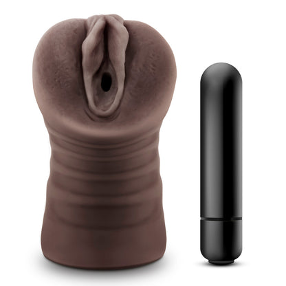 Blush Novelties hot chocolate-brown vibrating vagina masturbator, textured for enhanced pleasure, made of soft material.