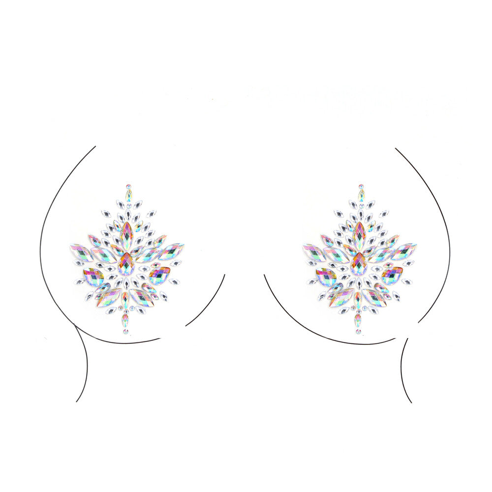 A dazzling, opal-coloured nipple sticker from Shots Toys, a sparkly body accessory.