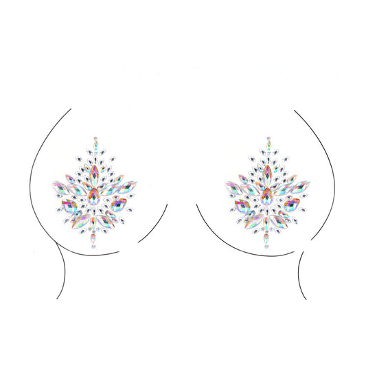 A dazzling, opal-coloured nipple sticker from Shots Toys, a sparkly body accessory.