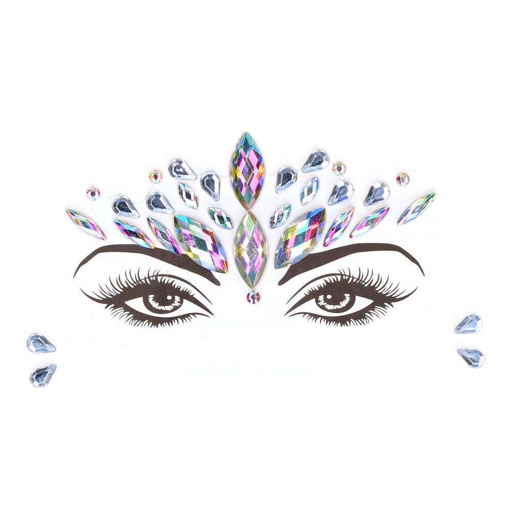 Close-up of a dazzling face gem sticker, opal coloured with a crown design, body jewellery.