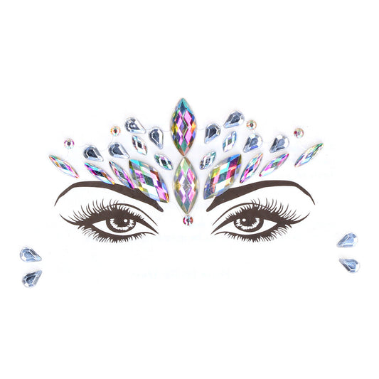 Close-up of a dazzling face gem sticker, opal coloured with a crown design, body jewellery.