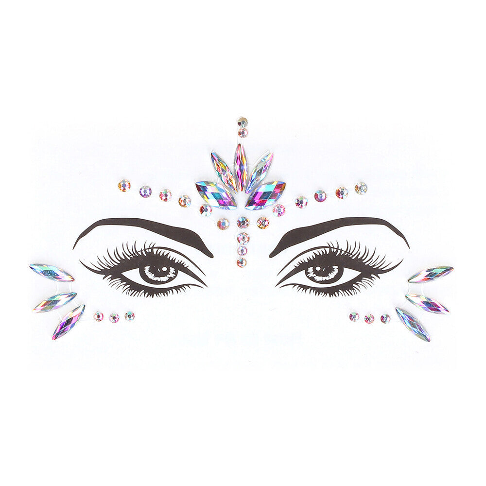 close-up of a dazzling, opal-coloured eye bling sticker, a piece of body jewellery