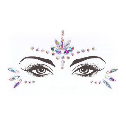 close-up of a dazzling, opal-coloured eye bling sticker, a piece of body jewellery