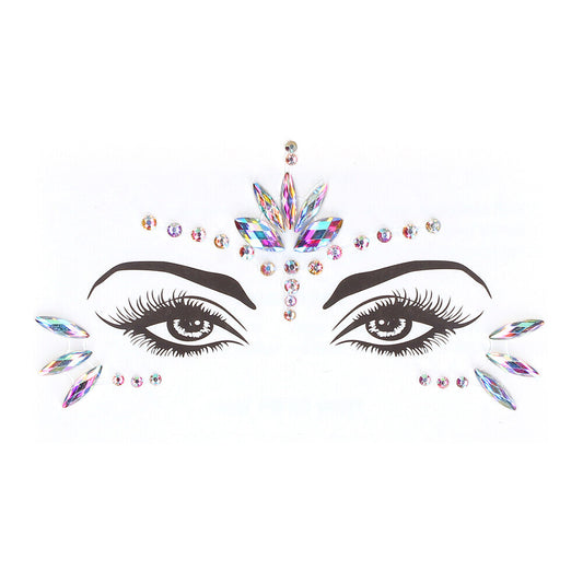 close-up of a dazzling, opal-coloured eye bling sticker, a piece of body jewellery