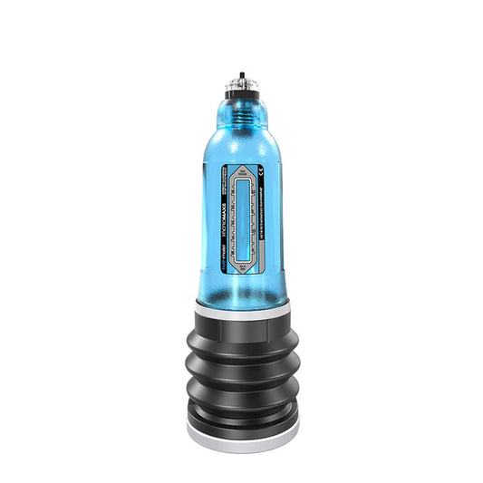 Bathmate HydroMax 5 aqua blue penis pump, transparent body for visibility during use.