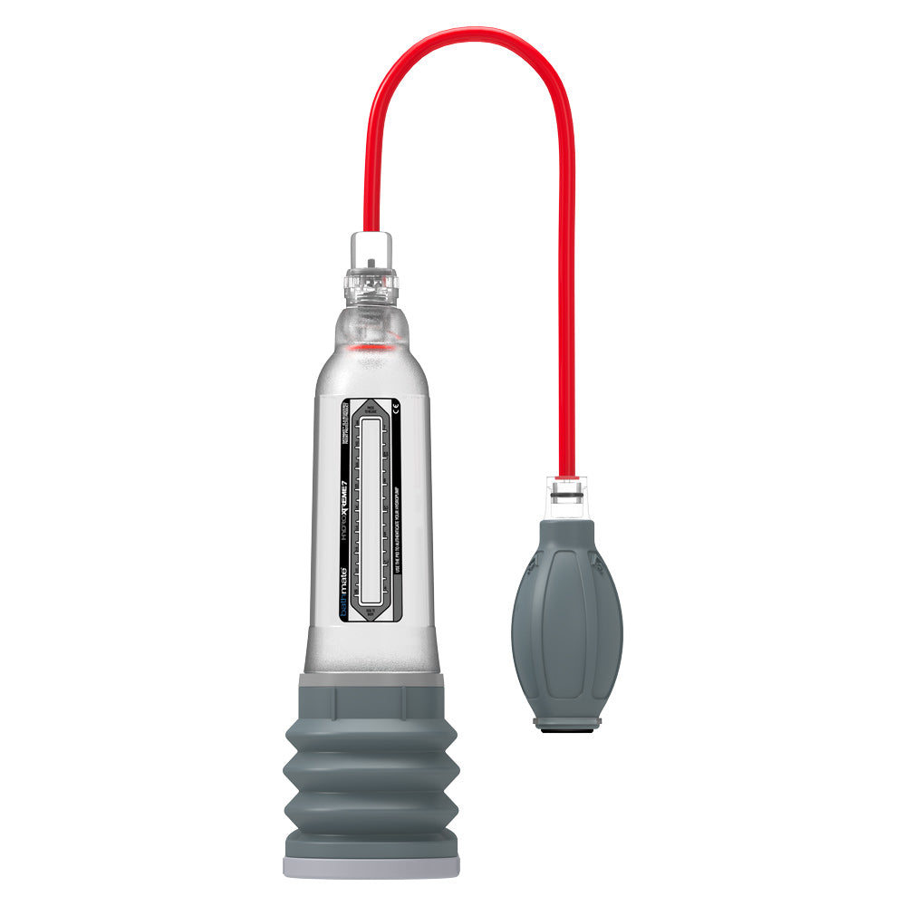 Bathmate Hydroxtreme 7 crystal clear penis pump for penis development, transparent design.