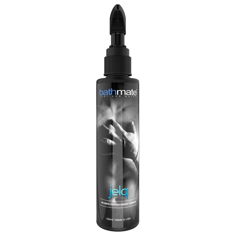 Bathmate Max Out jelqing serum bottle, clear liquid in a white container, lubricants and oils.