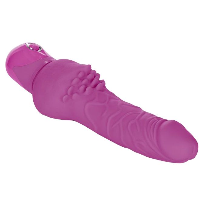 Pink bendable vibrator with textured shaft, designed for clitoral stimulation and penis play.