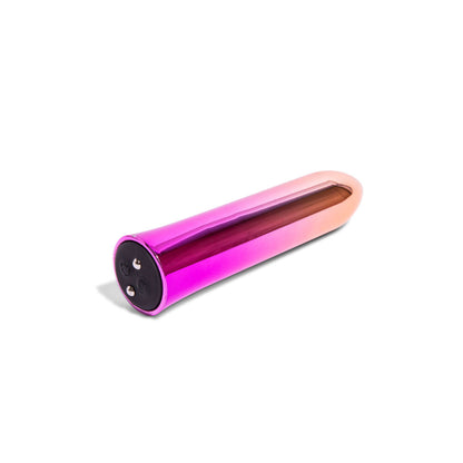 close-up of a petite, silver-coloured aluminium bullet vibrator from nu sensuelle, a mini stimulator.