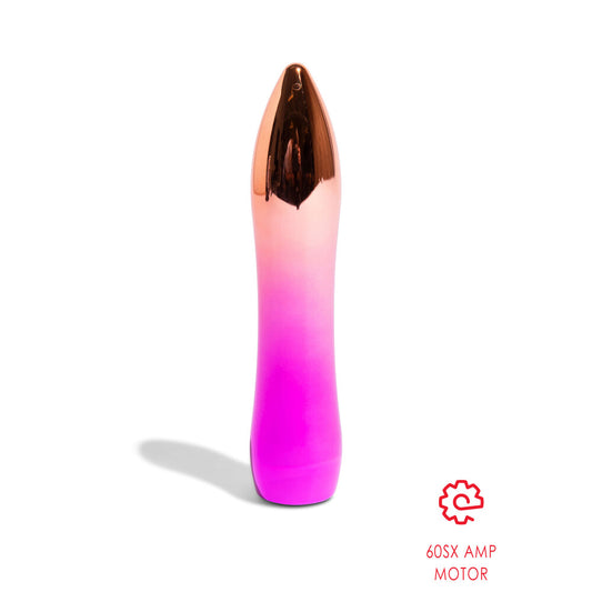 Close-up of a smooth, silver-coloured aluminium bullet vibrator, a small, discreet personal massager.