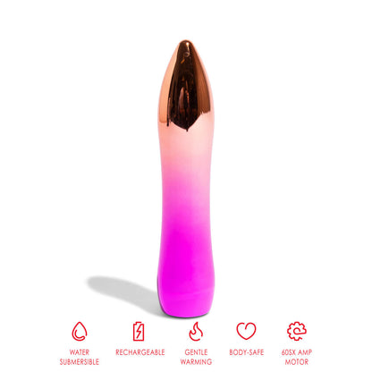 Close-up of a sleek, silver aluminium mini bullet vibrator from Nu Sensuelle for intimate use.