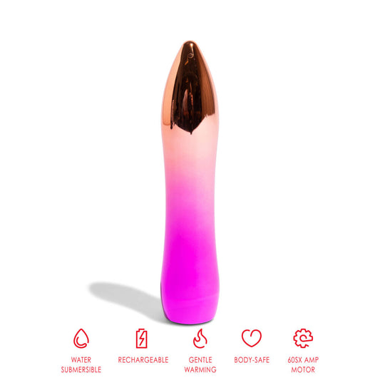 Close-up of a sleek, silver aluminium mini bullet vibrator from Nu Sensuelle for intimate use.