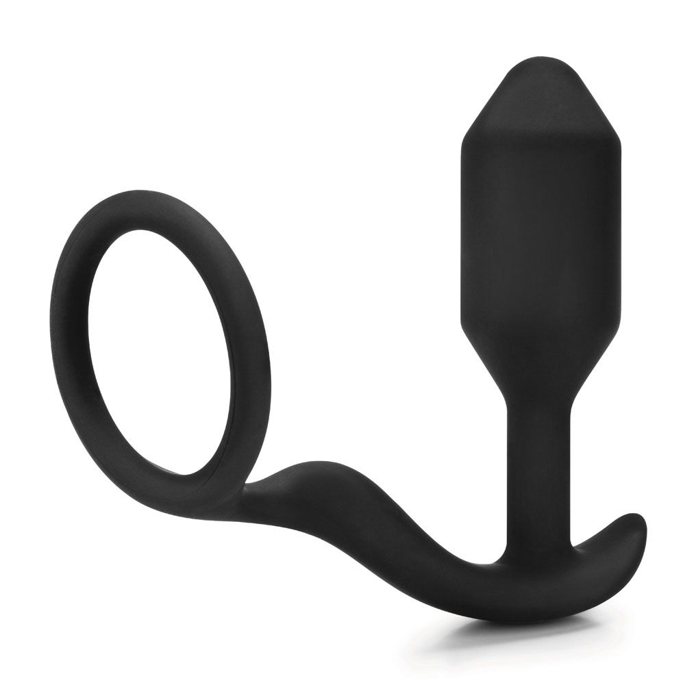 A black snug and tug anal plug with cock ring, a love ring by various toy brands.