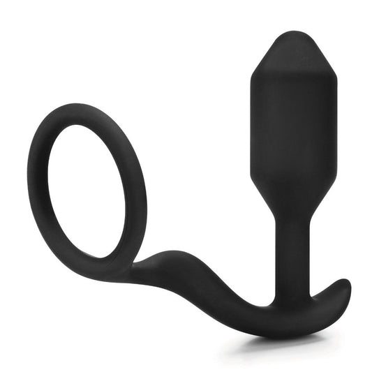 A black snug and tug anal plug with cock ring, a love ring by various toy brands.