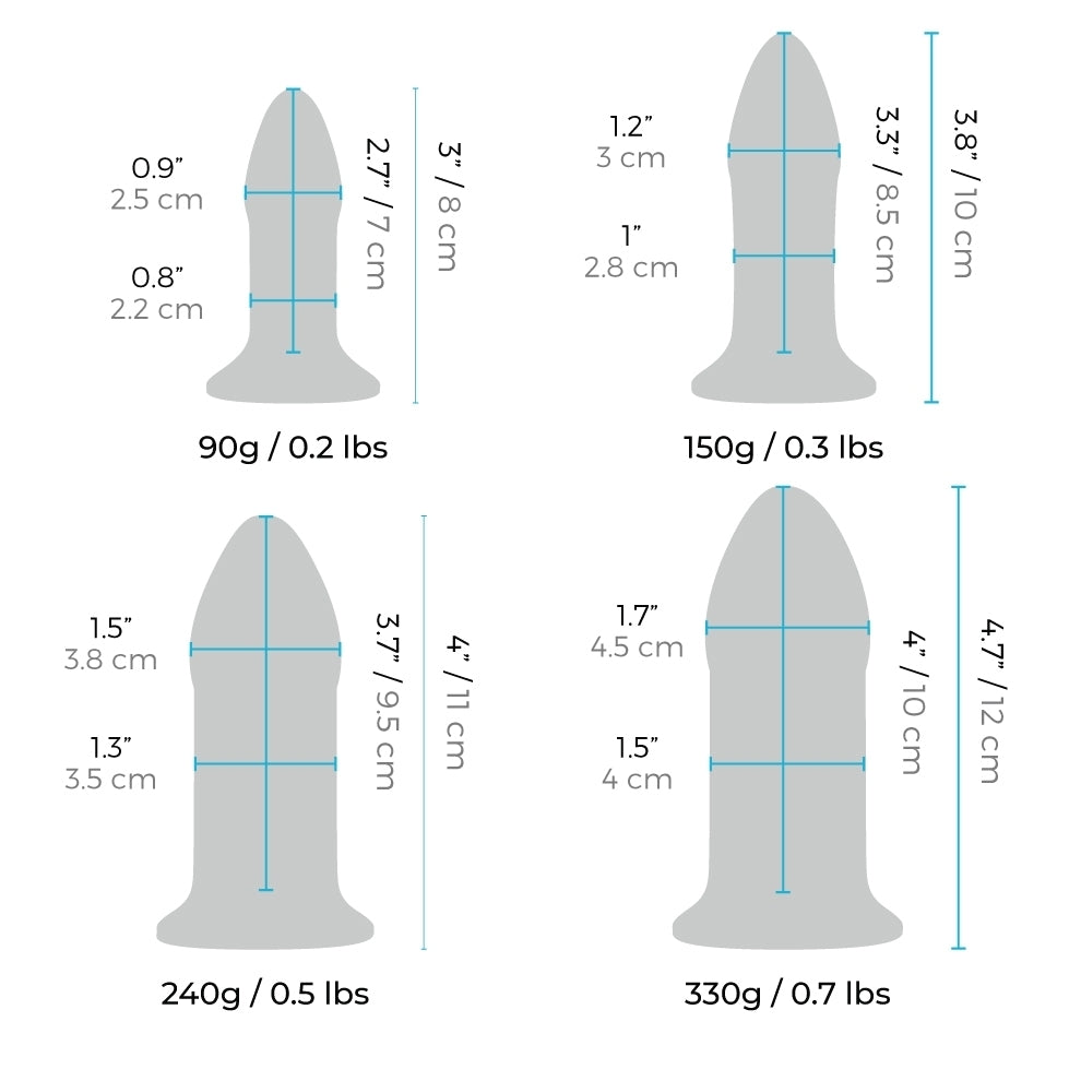 A set of three b-vibe anal dilators in graduating sizes, smooth and made of body-safe material.