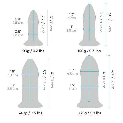 A set of three b-vibe anal dilators in graduating sizes, smooth and made of body-safe material.