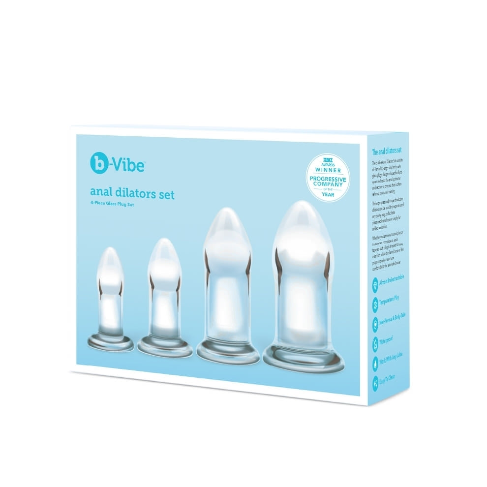 A set of four b-vibe anal dilators, graduated sizes in smooth, shiny silver metal for stretching.