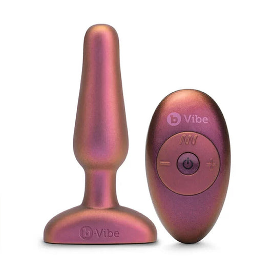 The limited edition b-vibe novice vibrating buttplug in a smooth, metallic finish.
