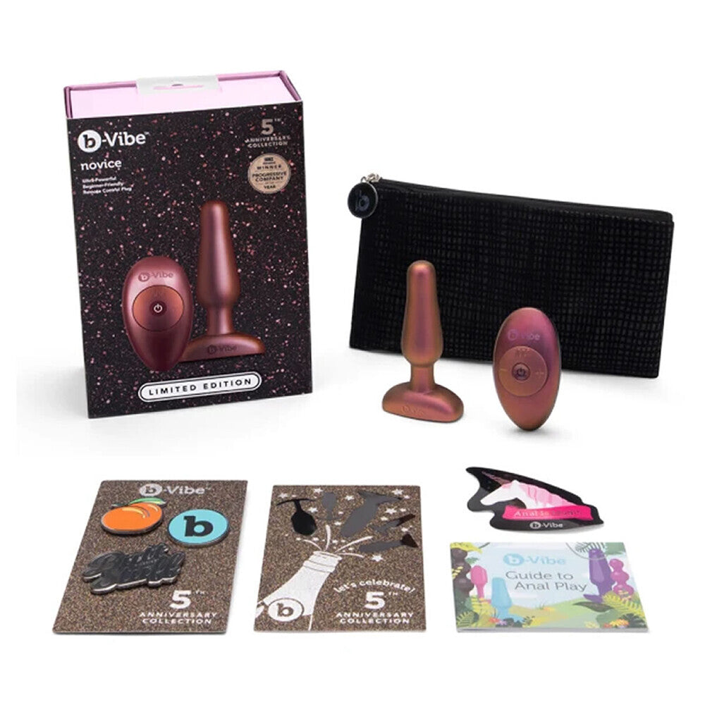 Close-up of a smooth, purple vibrating butt plug from b-vibe, for intimate use.