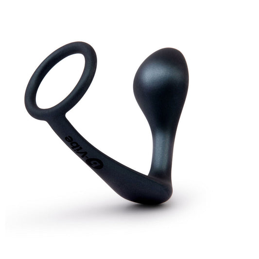 B-Vibe ringer cock ring with attached plug, love ring in smooth silver metal.