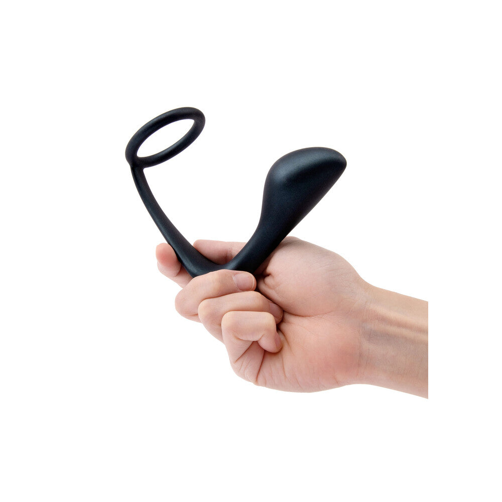 B-Vibe ringer cock ring with a plug, love ring in black silicone.