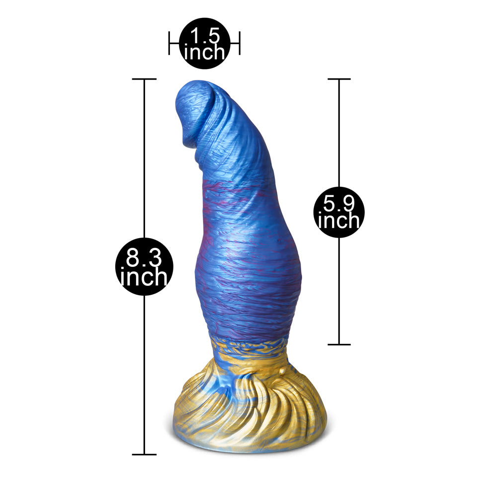 Alien-style dildo with a sturdy suction cup base, made of smooth, purple silicone.