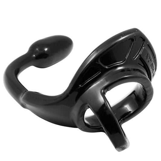Small black 'armour tug lock' butt plug by perfect fit, close-up on the textured base.