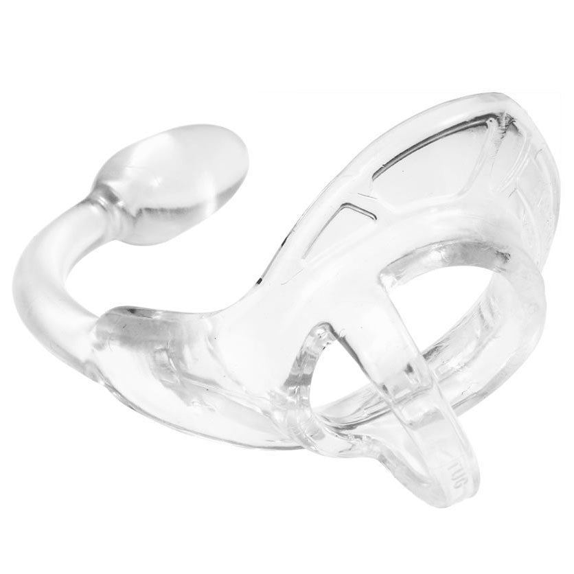 Clear, small Perfect Fit Armour Tug Lock butt plug made from smooth, body-safe material.