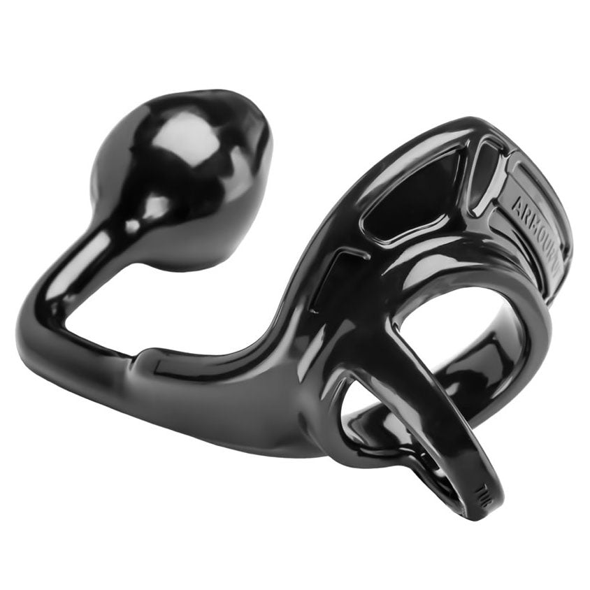 Perfect Fit Armour Tug Lock butt plug in black, a medium-sized pleasure toy.