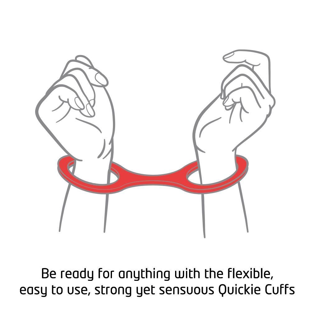 A pair of large, red, Creative Conceptions Quickie Cuffs, ankle or wrist restraints.
