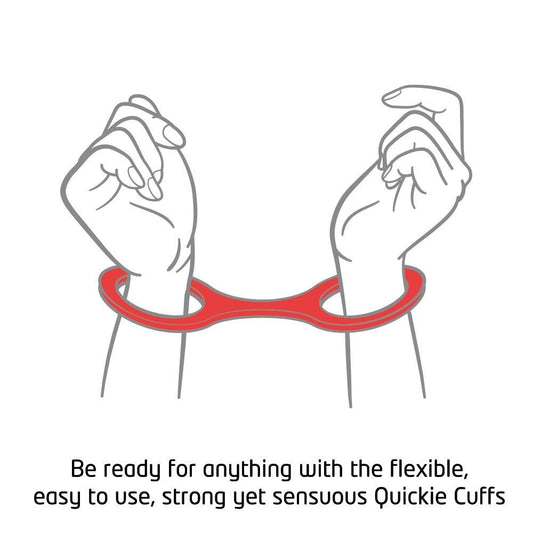 A pair of large, red, Creative Conceptions Quickie Cuffs, ankle or wrist restraints.