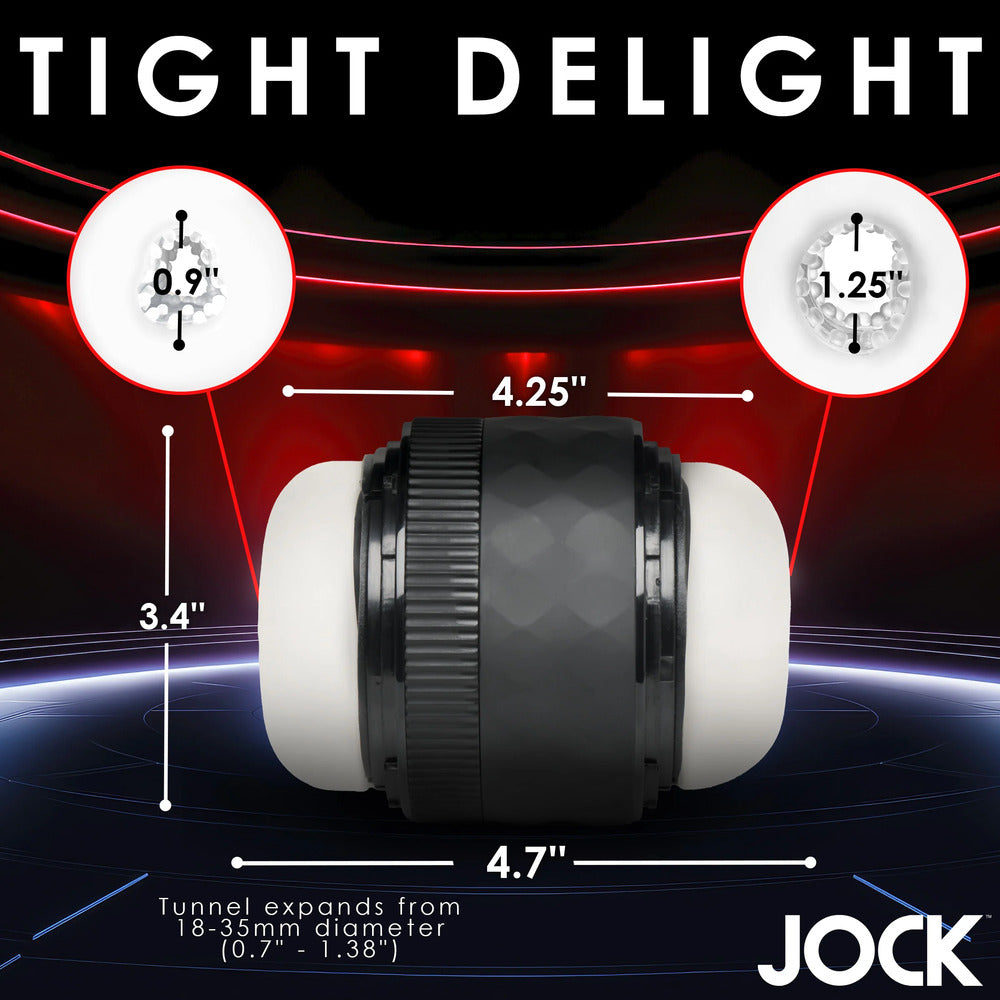 Jock tightening masturbator, ribbed interior with a textured blue and grey outer casing, for solo fun.