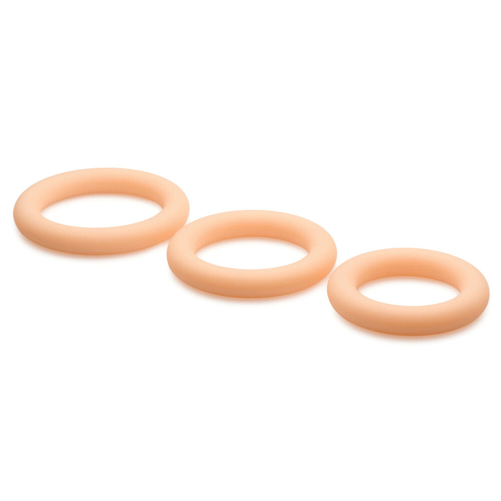 A set of three discreet, smooth silicone cock rings for enhancing pleasure during lovemaking.