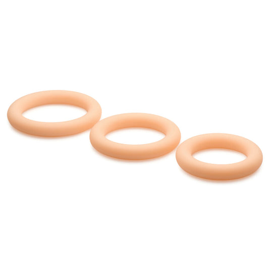 A set of three discreet, smooth silicone cock rings for enhancing pleasure during lovemaking.