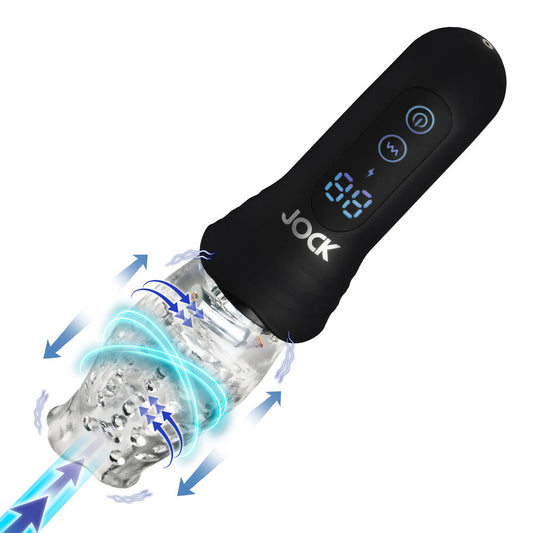 The 'jock spinning thursting and vibrating masturbator', a textured sex toy in skin tone.