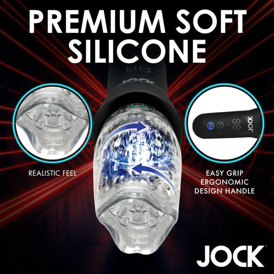 Vibrating masturbator in flesh-coloured silicone with ribbed texture for stimulating pleasure.