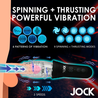 Jock spinning, thrusting and vibrating masturbator, flesh-toned silicone, for solo male pleasure.