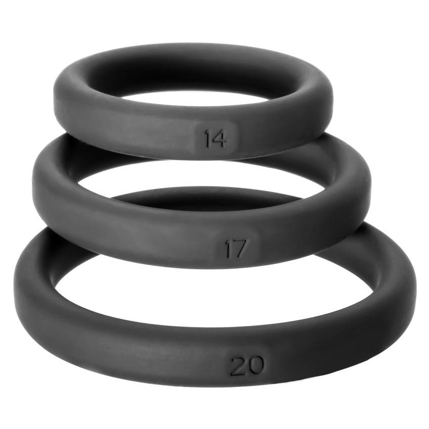 A set of three black silicone cock rings from perfect fit in varying sizes.