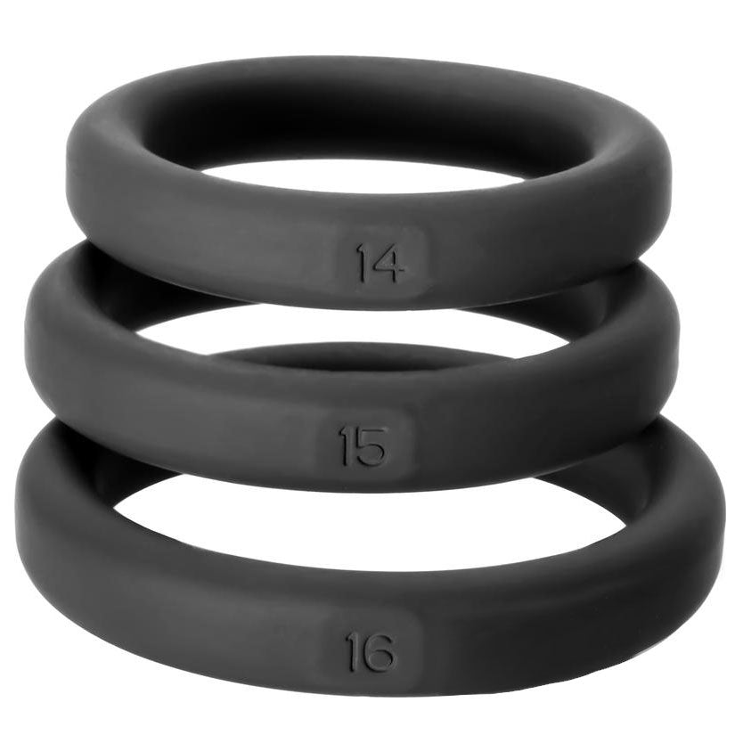 Close-up of three silver-coloured metal cockrings, showing the different sizes available for a comfortable fit.
