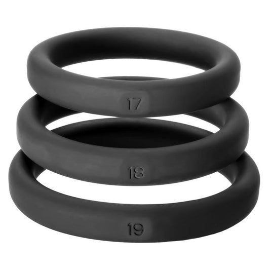 Perfect Fit XactFit cock rings in three sizes: 17, 18 and 19, made of black silicone.