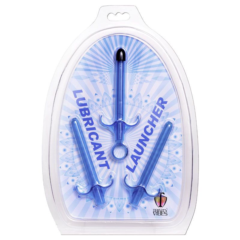 A set of three clean stream lubricant launchers in clear plastic for personal hygiene.